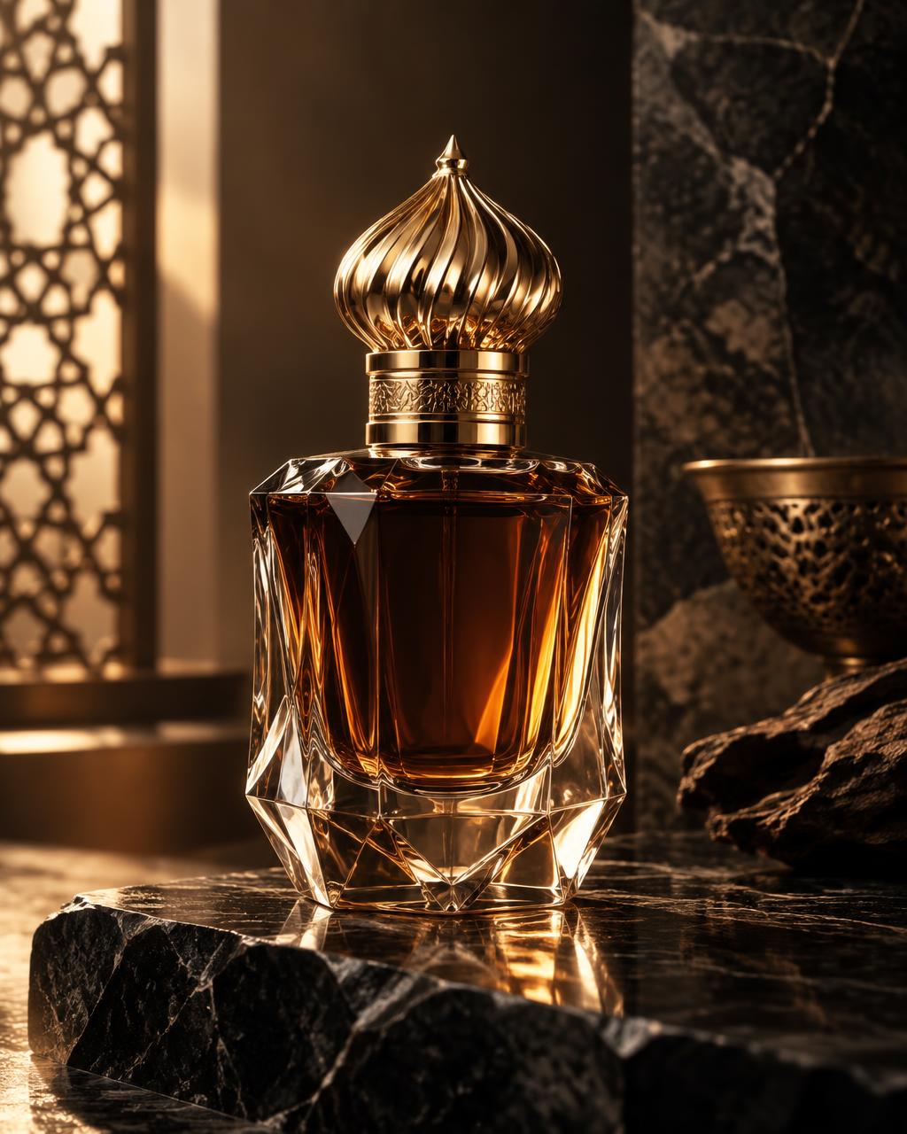 Perfume árabe ornamentado — O brilho do âmbar