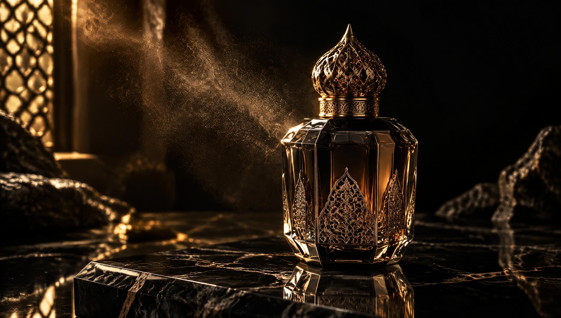 Frasco de perfume árabe ornamentado em cenário de ônix